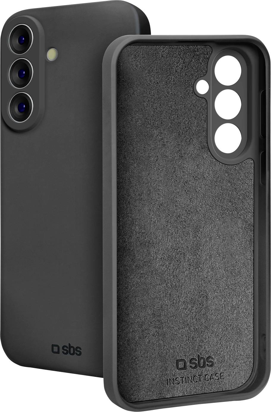 Pouzdro na smartphone Black SBS Instinct Case, zobrazeno zepředu i zezadu, se zvýšeným výřezem pro fotoaparát a měkkým vnitřním polstrováním.