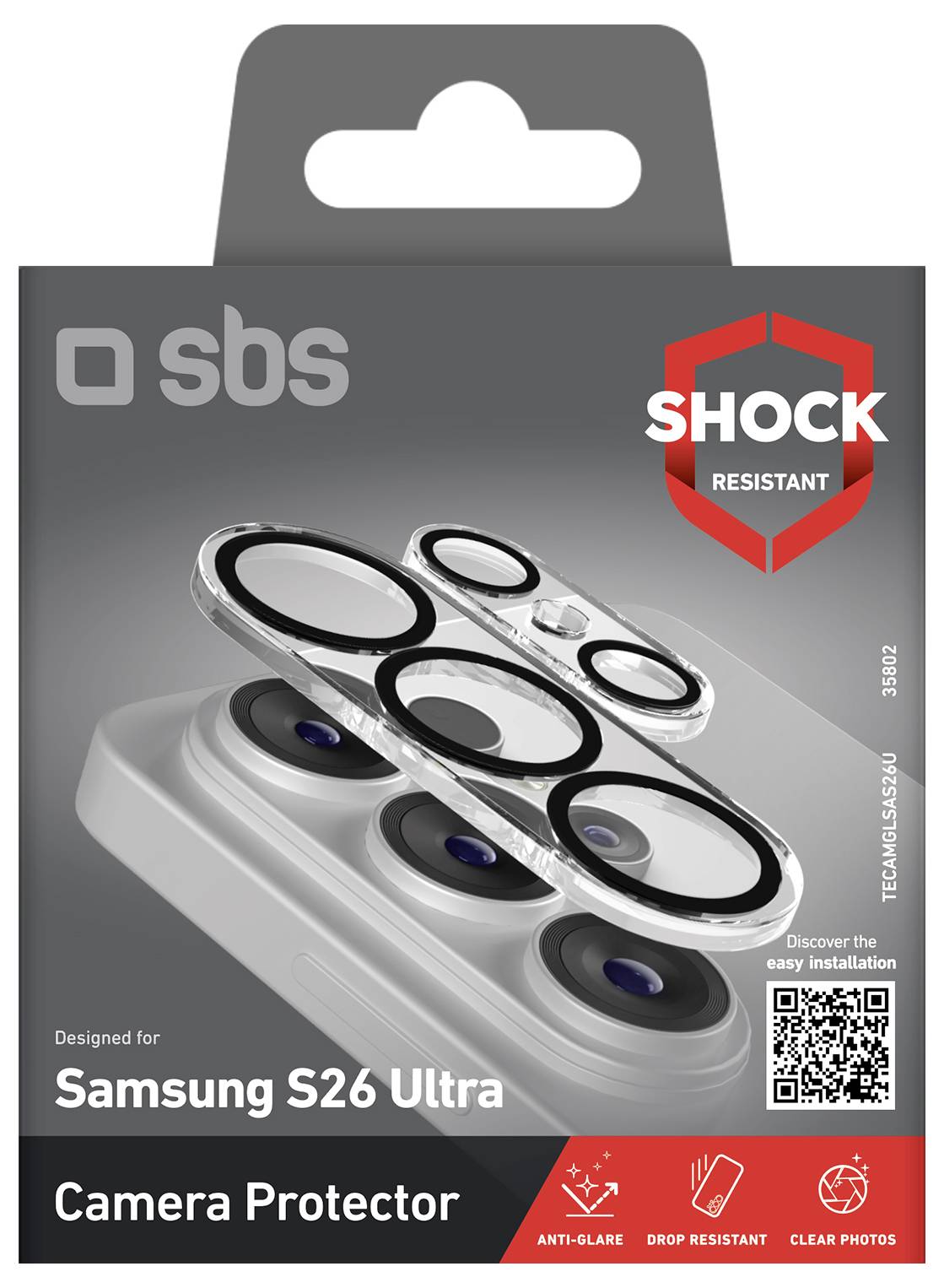 Balíček na ochranu fotoaparátu odolný vůči otřesům od SBS pro Samsung S26 Ultra, zobrazující vrstvené ochranné kroužky objektivu a štítky "anti-glare", "odolný proti pádu" a "jasné fotografie" s QR kódem.