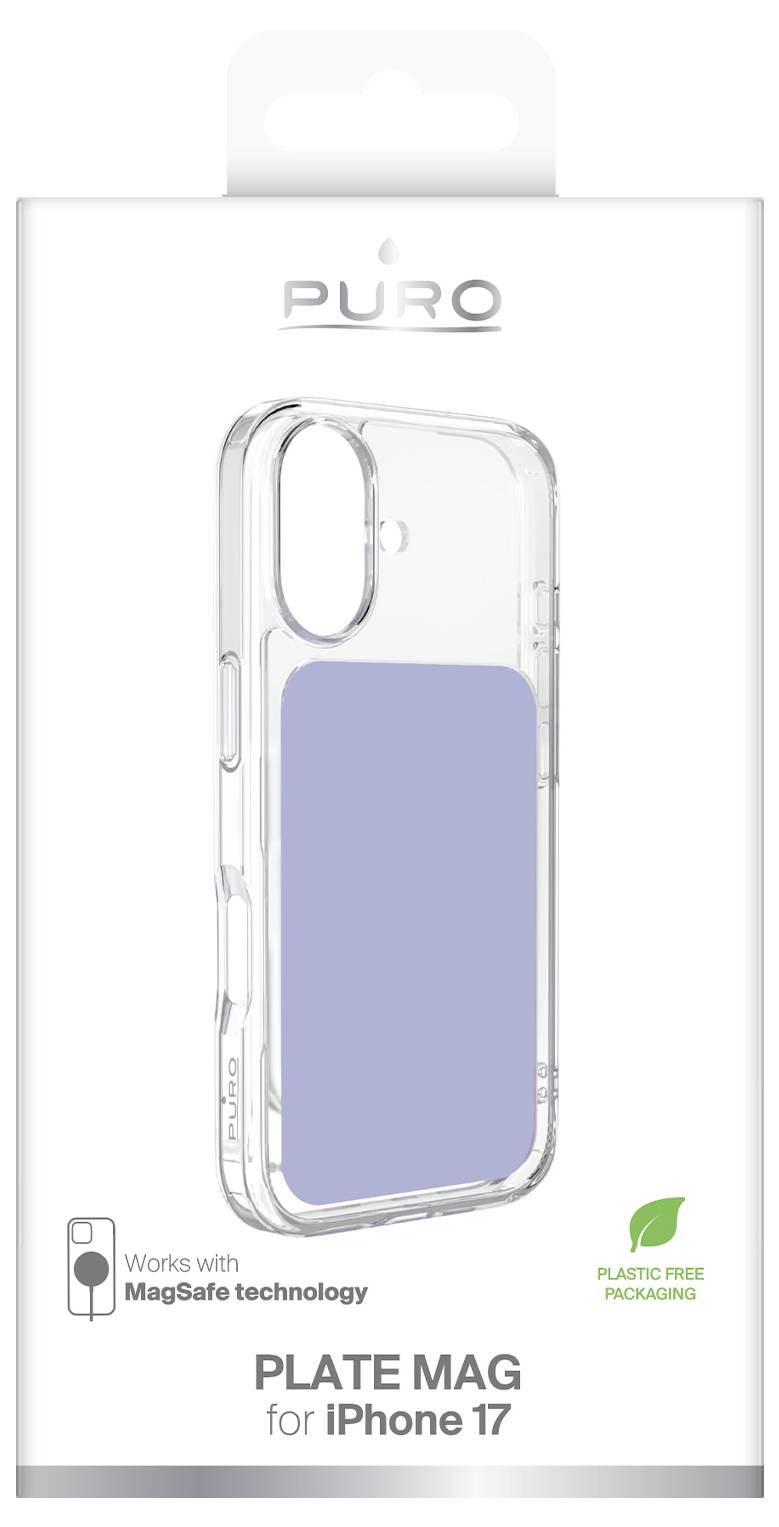 Balení pro pouzdro PURO Plate Mag iPhone 17 s kompatibilitou MagSafe a ikonami bezplastového balení.