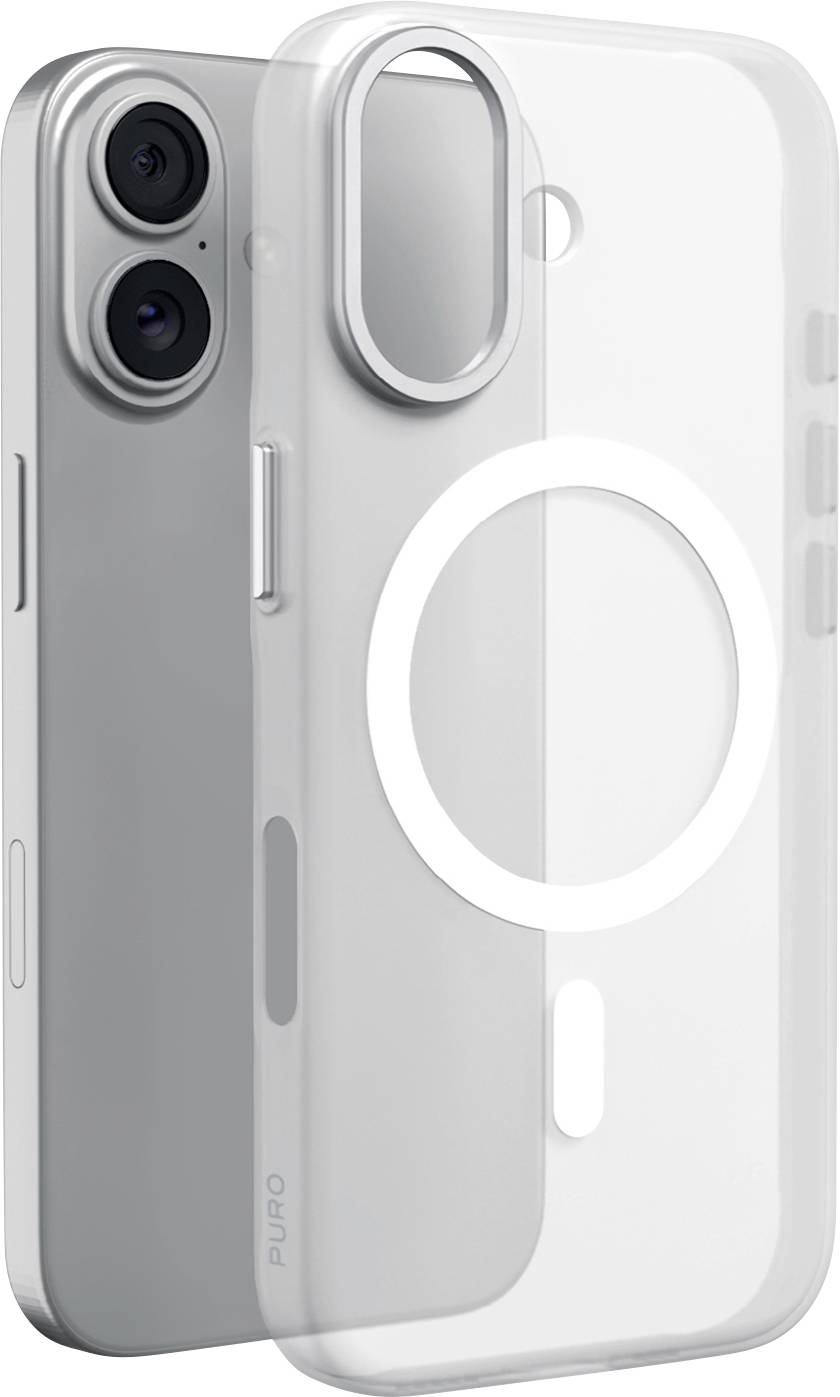 Průhledný kryt na iPhone s velkým kroužkem MagSafe a zvýšeným výřezem pro fotoaparát, zobrazený přes stříbrný iPhone, aby se ukázalo, jak dobře padne.