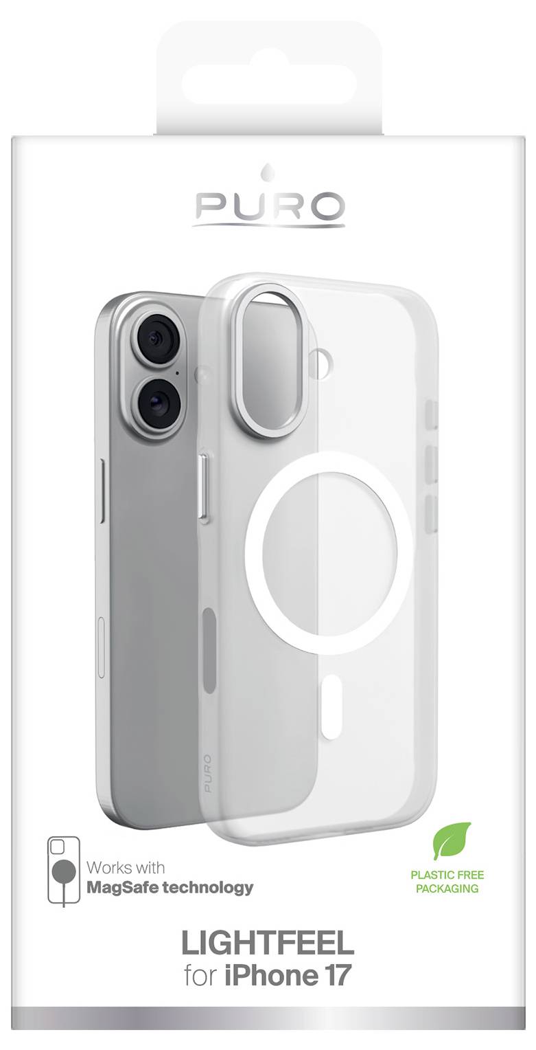 Obal PURO Lightfeel transparentního pouzdra na iPhone 17 znázorněný na balení s kompatibilitou MagSafe a odznakem bezplastového balení.