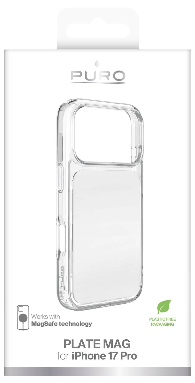 Čirá PURO 'PLATE MAG' MagSafe obálka pro iPhone 17 Pro, zobrazená v balení s štítky 'Funguje s technologií MagSafe' a 'Obal bez plastu'.
