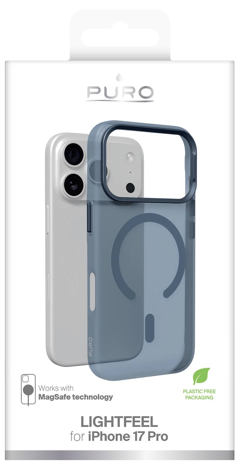 Obal produktu pro kryt PURO LIGHTFEEL iPhone 17 Pro, zobrazující průhledný modrý kryt kompatibilní s MagSafe na telefonu, s označením "Funguje s technologií MagSafe" a "Obal bez plastu."