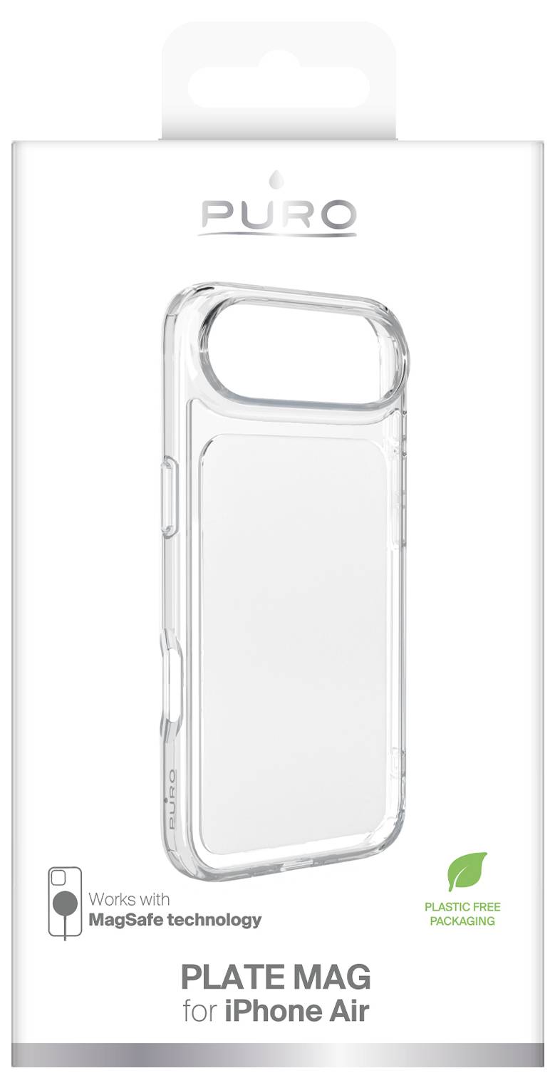 Balení pro pouzdro PURO Plate Mag iPhone Air s čirým pouzdrem na telefon kompatibilním s MagSafe zobrazeným na bílé kartě, označené „Funguje s technologií MagSafe" a „Balení bez plastů"