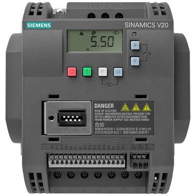 Frekvenční měnič Siemens SINAMICS V20 zobrazující 5,50 Hz na displeji s ovládacími tlačítky a svorkami pro vedení na přední straně.