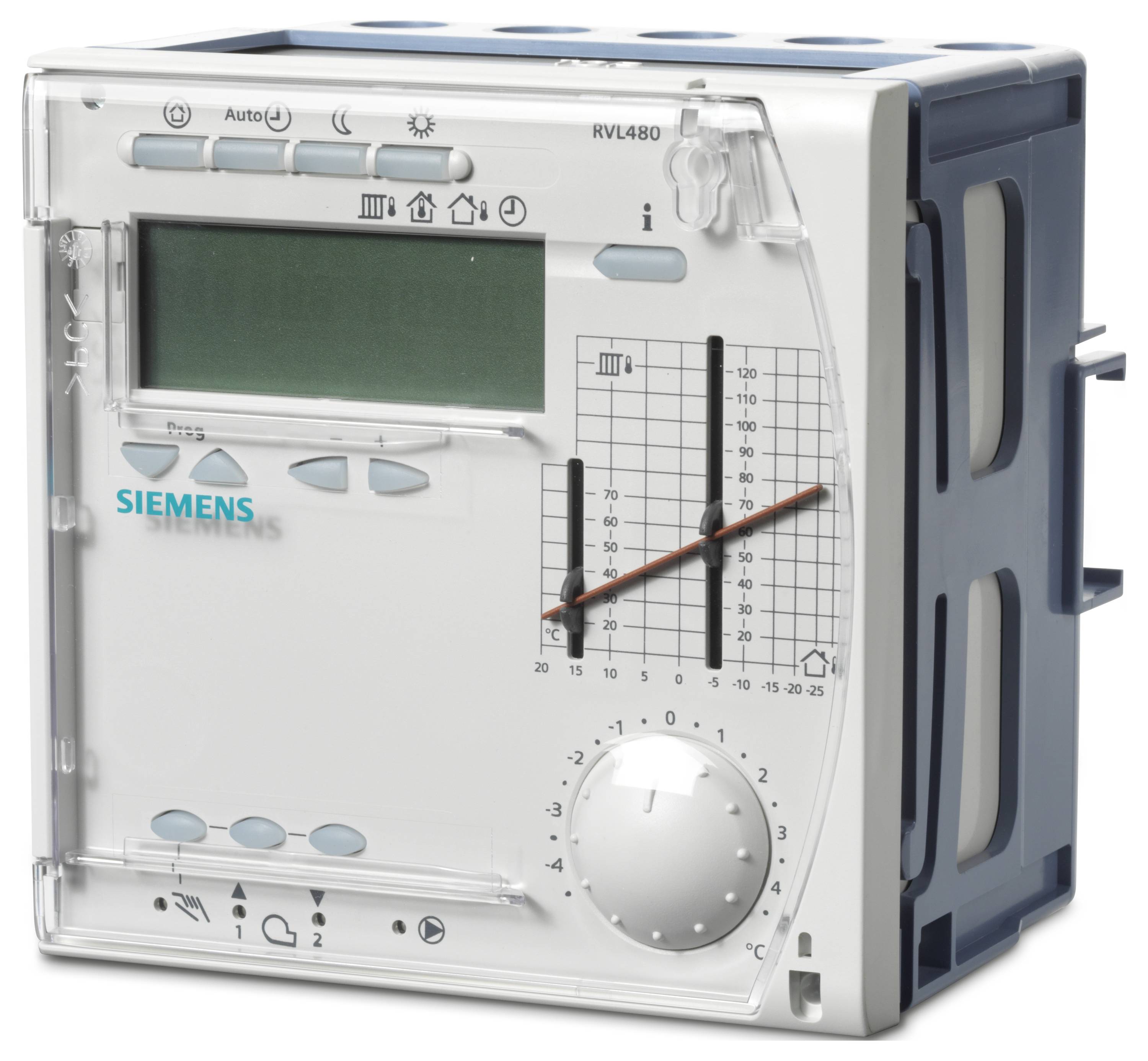 Regulátor vytápění Siemens RVL480 s displejem, tlačítky, grafem teploty a otočným циferníkem pro regulaci nastavení tepla.