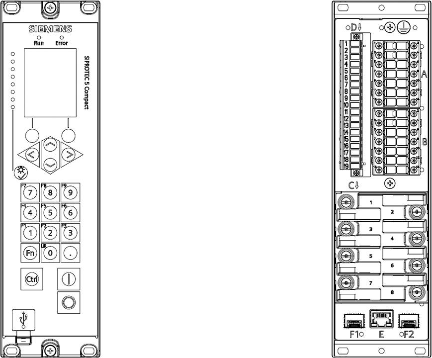 Diagram přední strany a rozložení zadních svorek operátorského panelu Siemens SIMATIC s klávesnicí, displejem a zapojením kabelů.