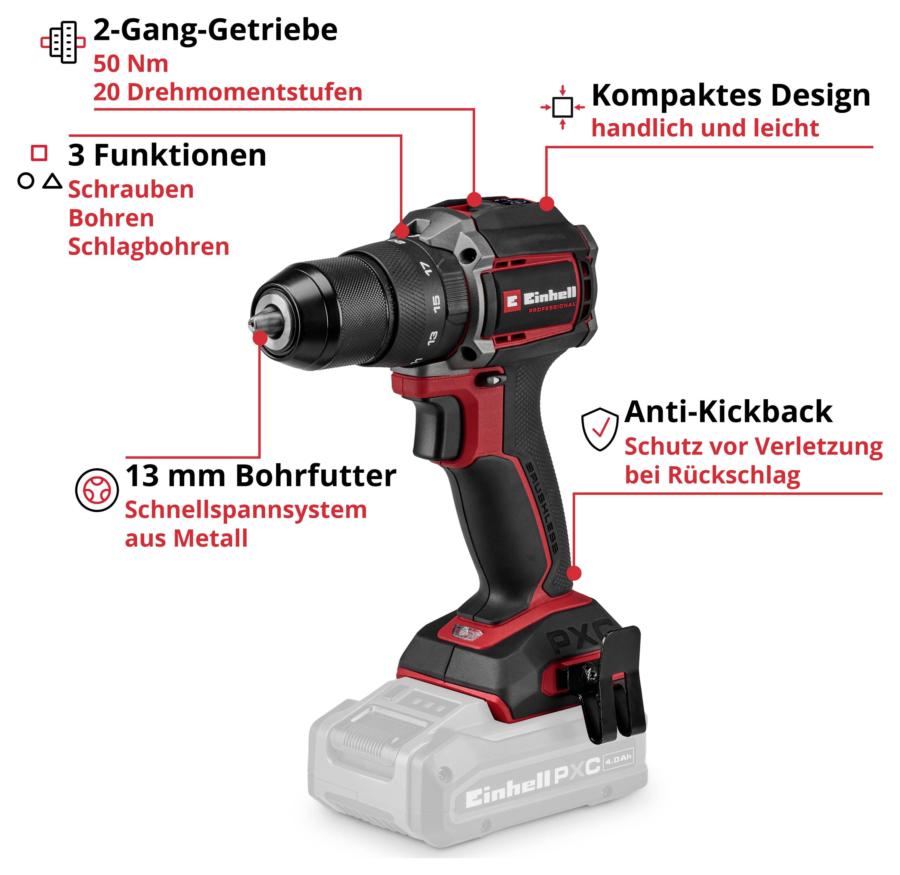 Produktgrafika akumulátorového vrtáku s popsanými funkcemi: 2-rychlostní převodovka, 3 funkce, 13mm vrtáckého, kompaktní design, ochrana proti zpětnému úderu.