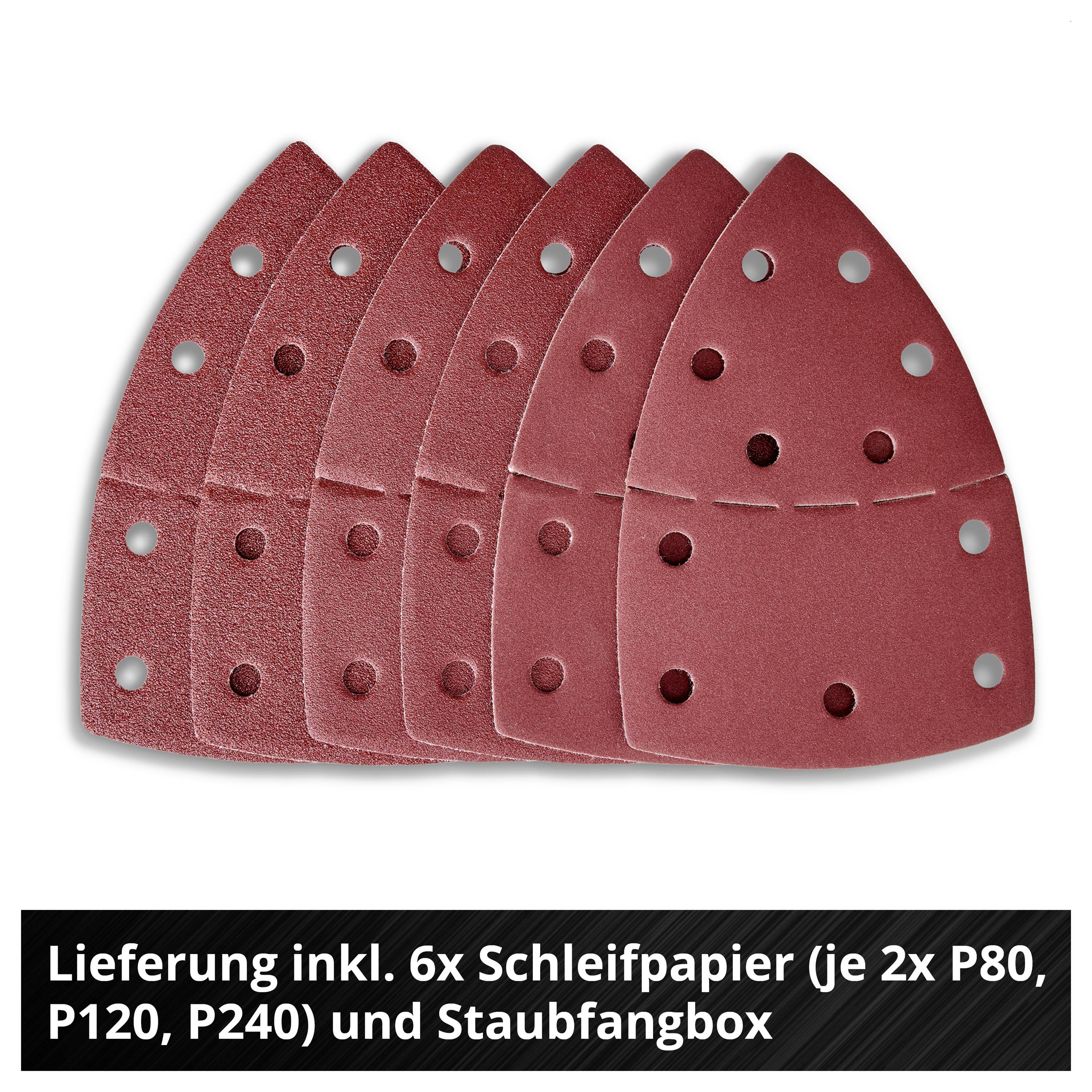 Šest červených brusných papírů s otvory pro brusku, pod tím text „Dodávka včetně 6x brusného papíru (2x P80, P120, P240 každý) a sběrnice na prach"