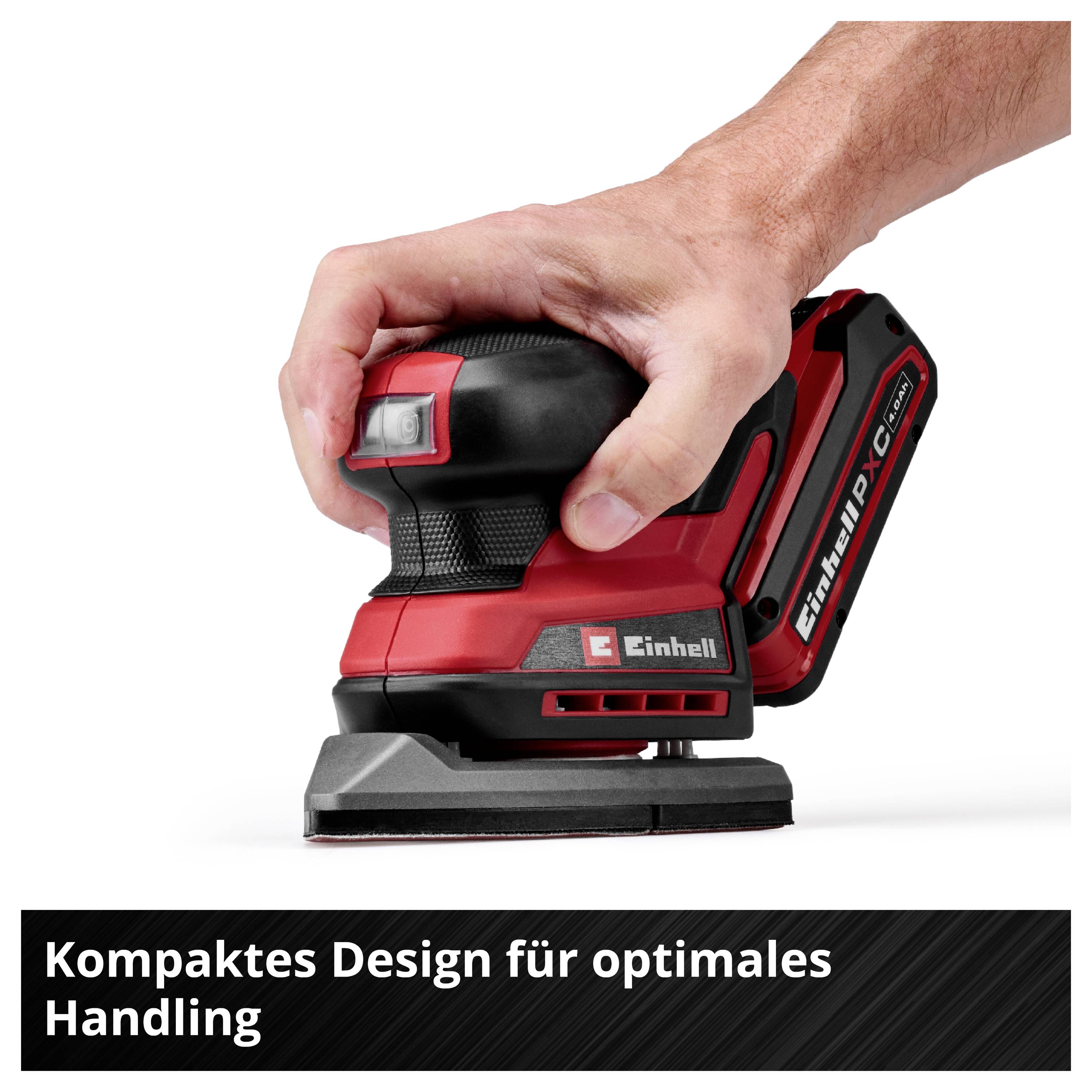 Ruka drží červený, kompaktní Einhell brusku; pod ním je napsáno 'Kompaktní design pro optimální manipulaci'.