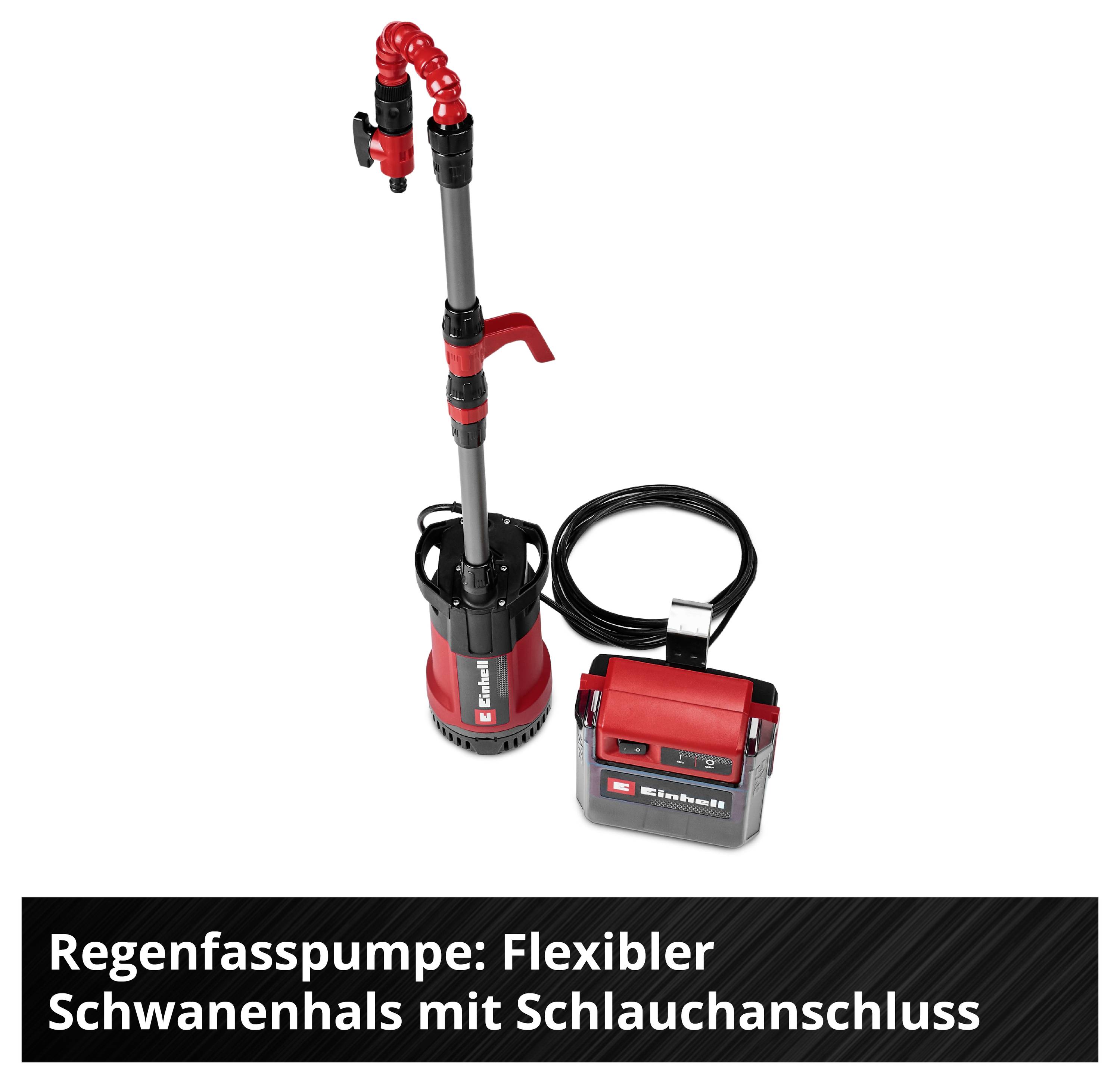 Pumpa na vodu z cistern s flexibilním labutím krkem a připojením hadice; vedle akumulátorový balík, dole text „Pumpa na vodu z cistern: Flexibilní labutí krk se připojením hadice".
