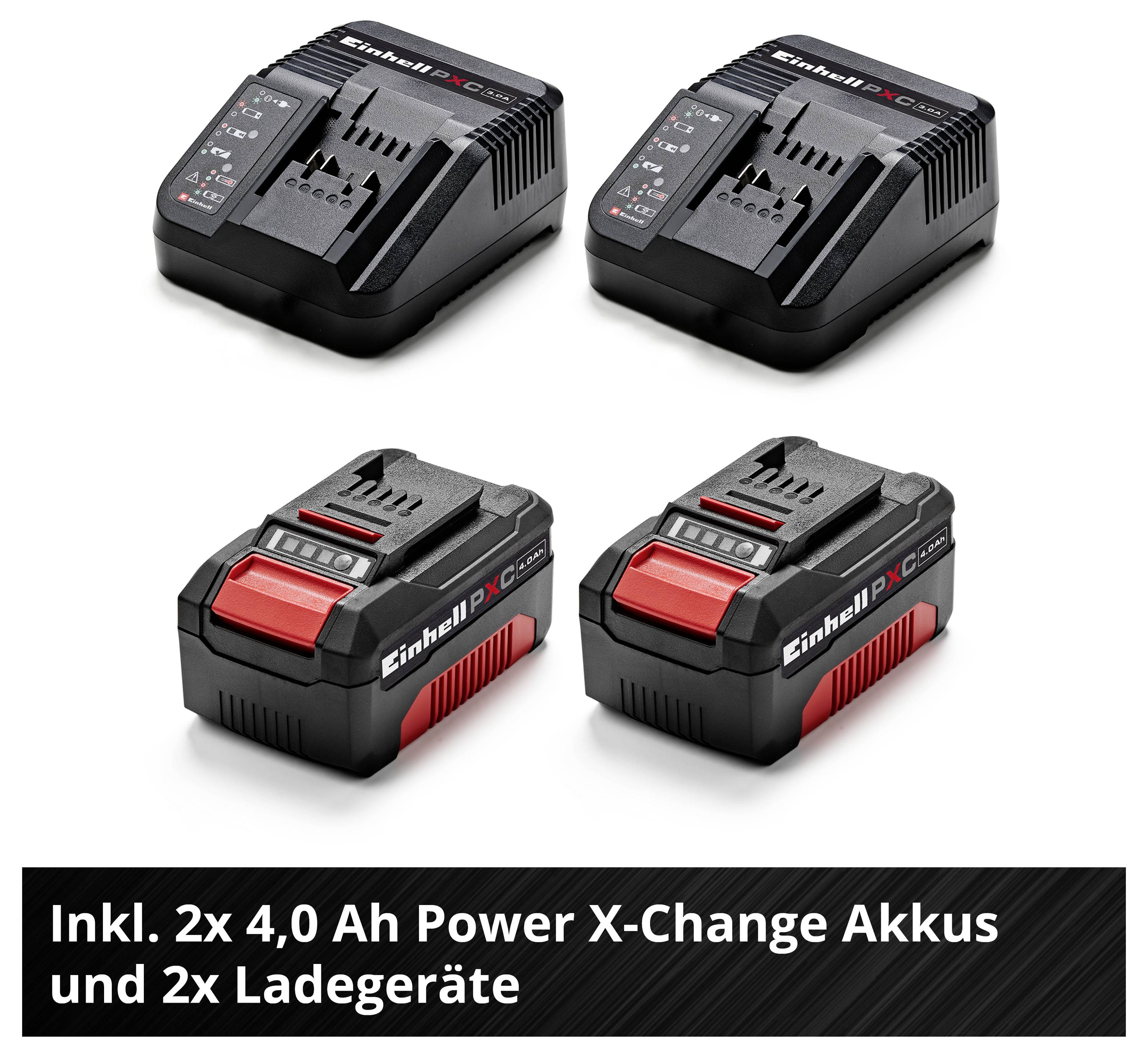 Zobrazení produktu se 2 nabíječkami akumulátorů a 2 akumulátory Power X-Change; Poznámka: "Obsahuje 2x 4,0 Ah akumulátory Power X-Change a 2x nabíječky".