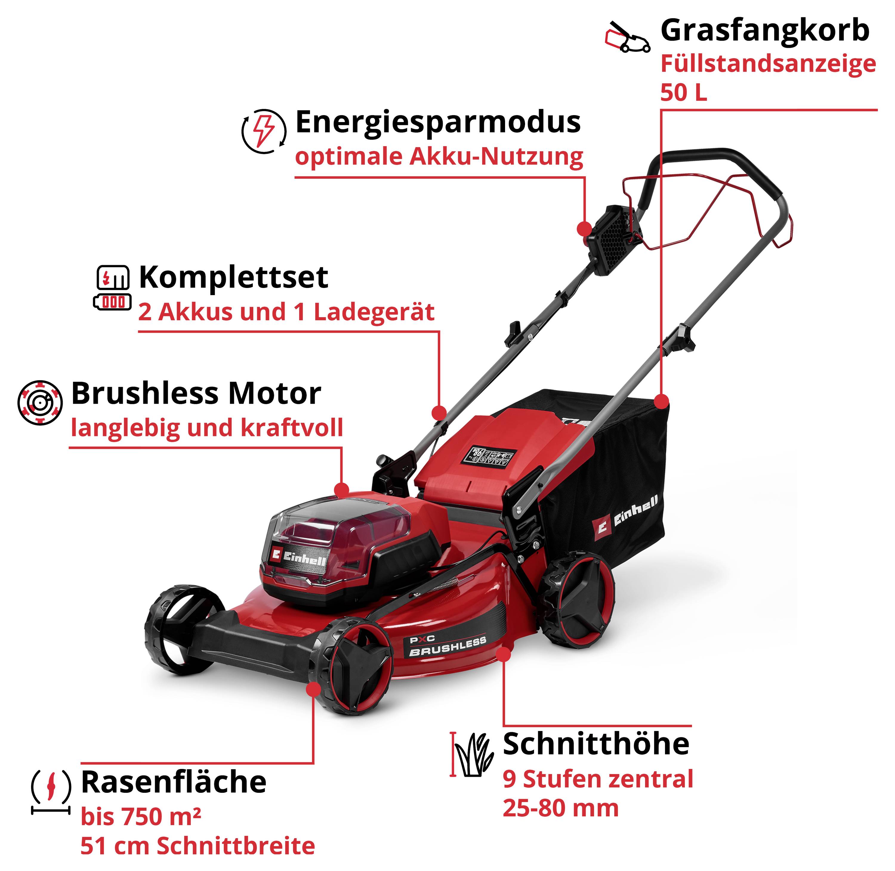 Einhell GC-CM 36/51 S Li BL (2x5,2Ah), PXC akumulátor Akumulátorová sekačka + 2. akumulátor, vč. 2. Nabíječka, výškově n-4