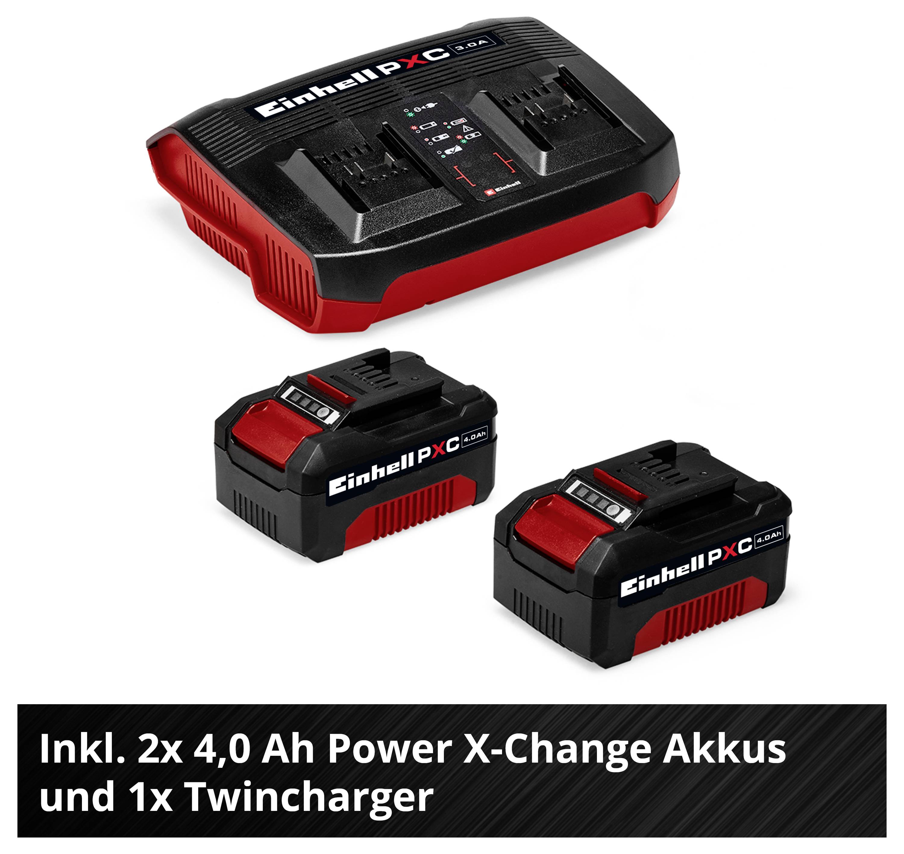 Sada Einhell Power X-Change s Twinchargorem a 2x 4,0Ah bateriemi; Popis obrázku: "Obsahuje 2x 4,0 Ah Power X-Change baterie a 1x Twincharger"