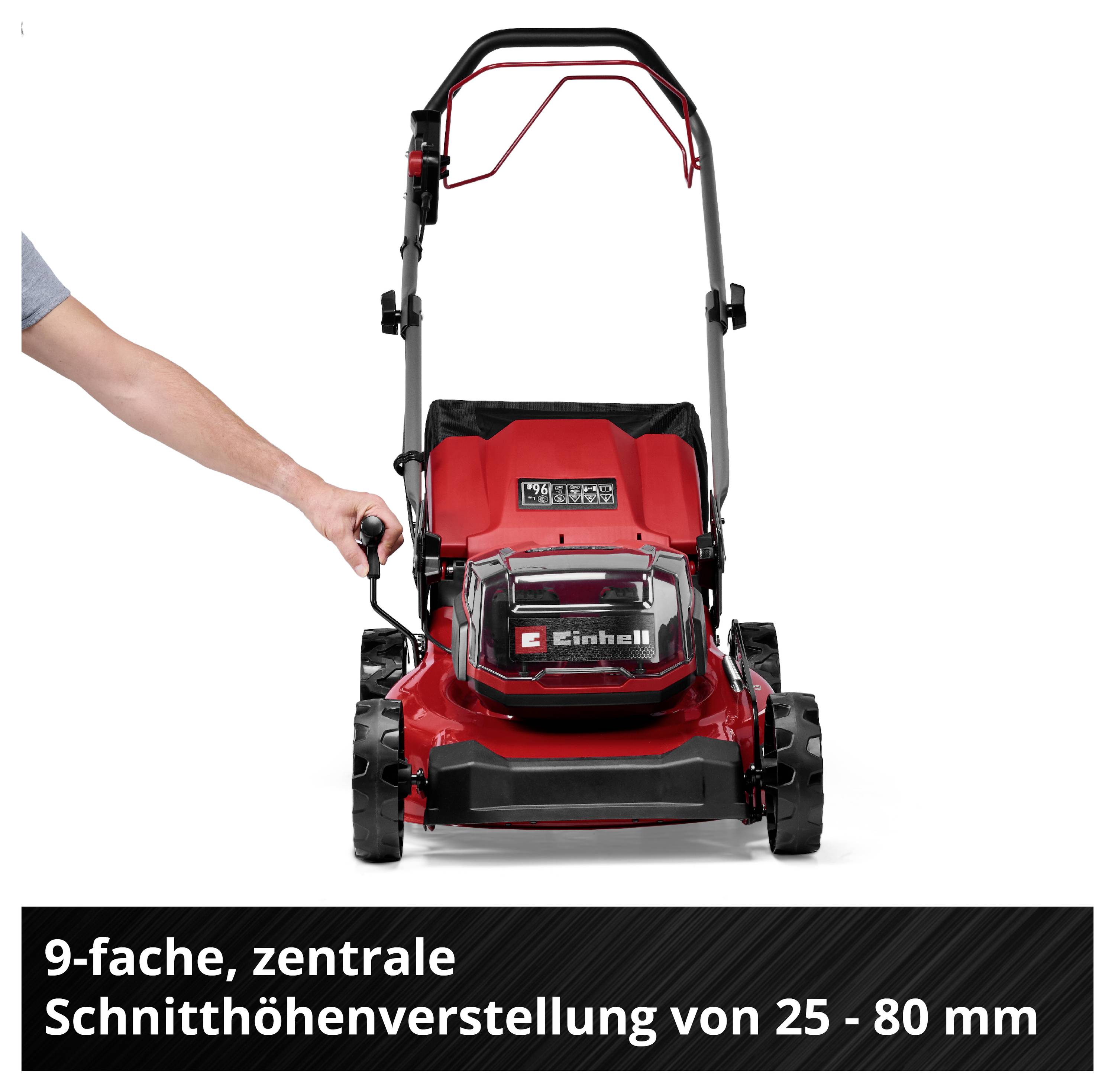 Červený sekačka Einhell s ovládacím pákou; text uvádí 9stupňové centrální nastavení výšky střihu od 25 do 80 mm.