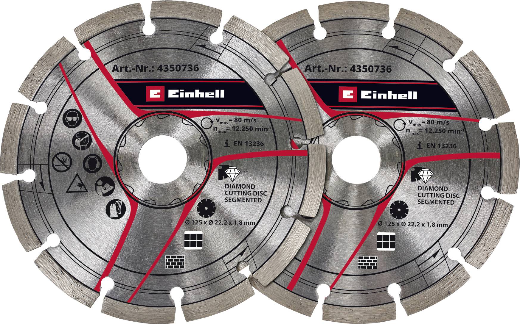 Dva diamantové řezné kotouče Einhell se segmentovanými hranami a červenými posilovacími liniemi, označené "Art.-Nr.: 4350736" a "DIAMOND CUTTING DISK SEGMENTED".