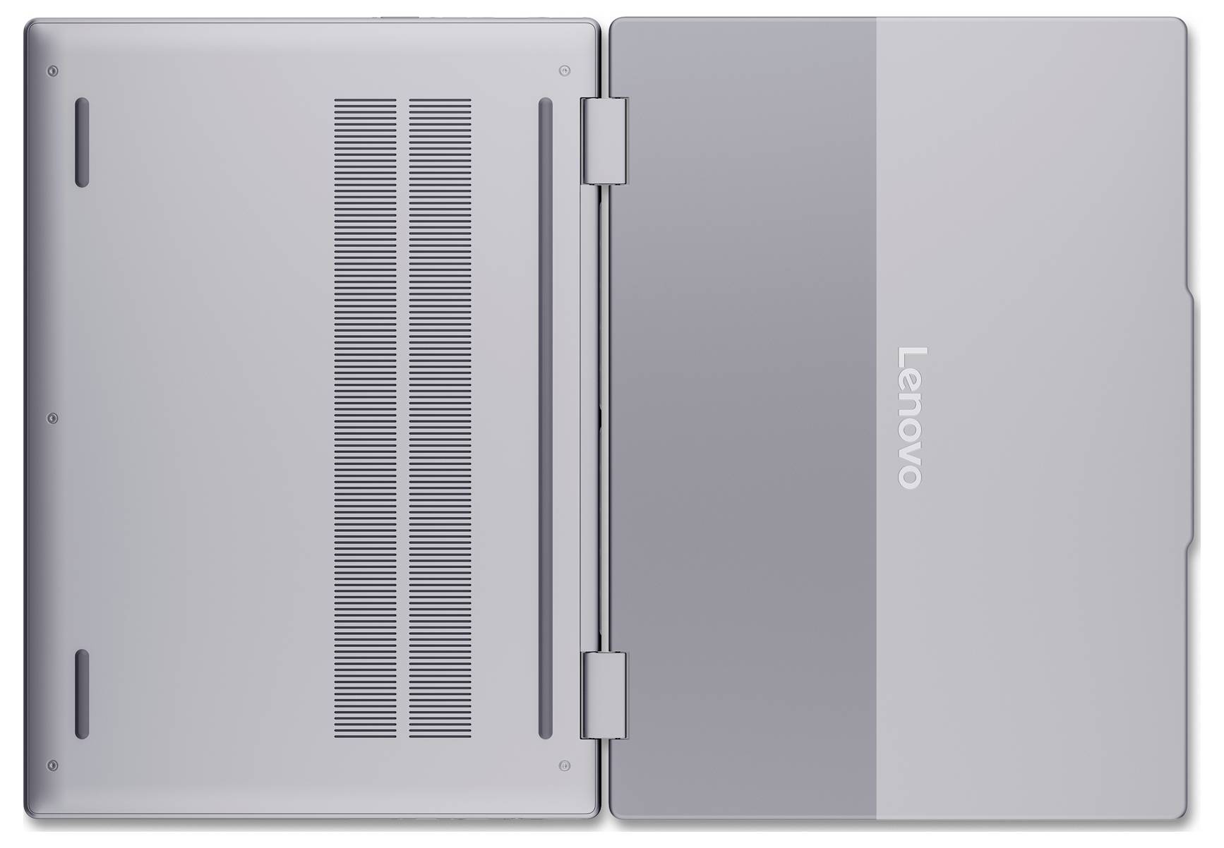 Uzavřený stříbrný Lenovo laptop zobrazený shora, viditelné jsou závěs a větrací štěrbiny.