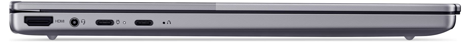 Pohled ze strany na notebook ukazující levý okraj s portem HDMI, portem USB, audio jackem a indikátorem napájení.