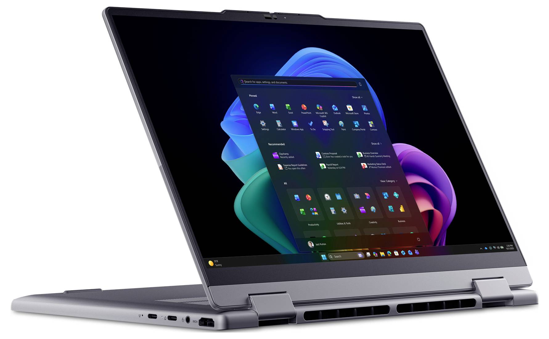 Stříbrný 2v1 laptop v režimu stanu zobrazující nabídku Start systému Windows 11 na barevném abstraktním pozadí plochy.