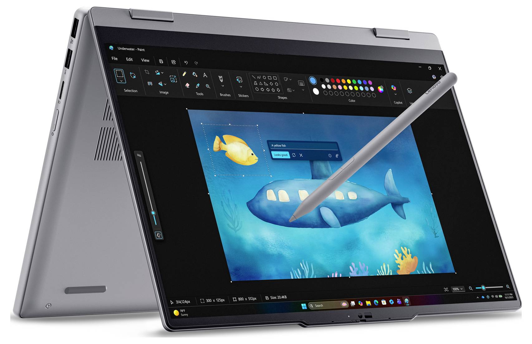 Konvertibilní notebook v režimu stanu se stylusem, na obrazovce zobrazující digitální malbu podvodní scény s rybami.