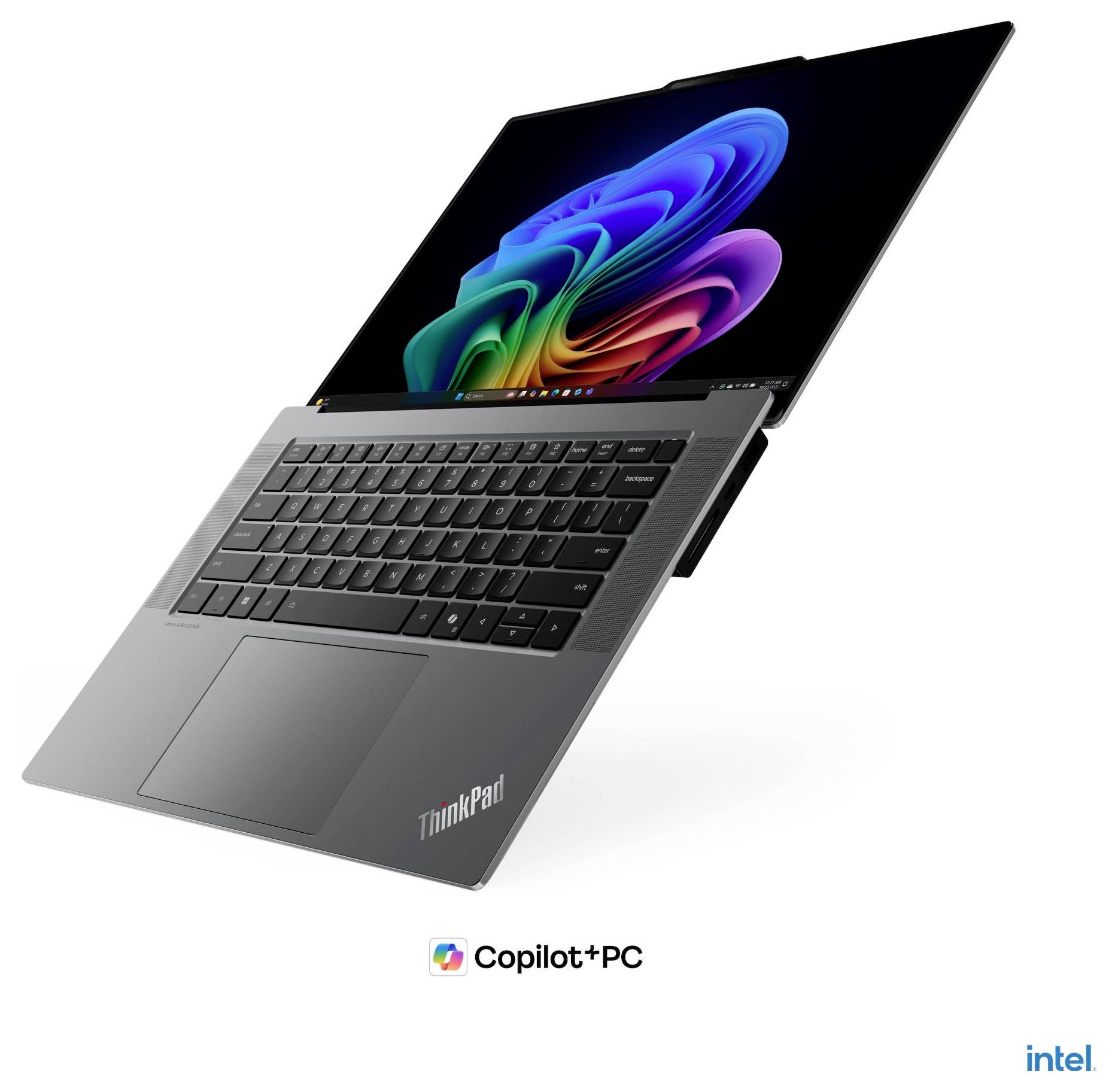 Lenovo ThinkPad notebook v naklonělém otevřeném pohledu s barevnou abstraktní obrazovkou a logem "Copilot+ PC" a logy Intelu níže.