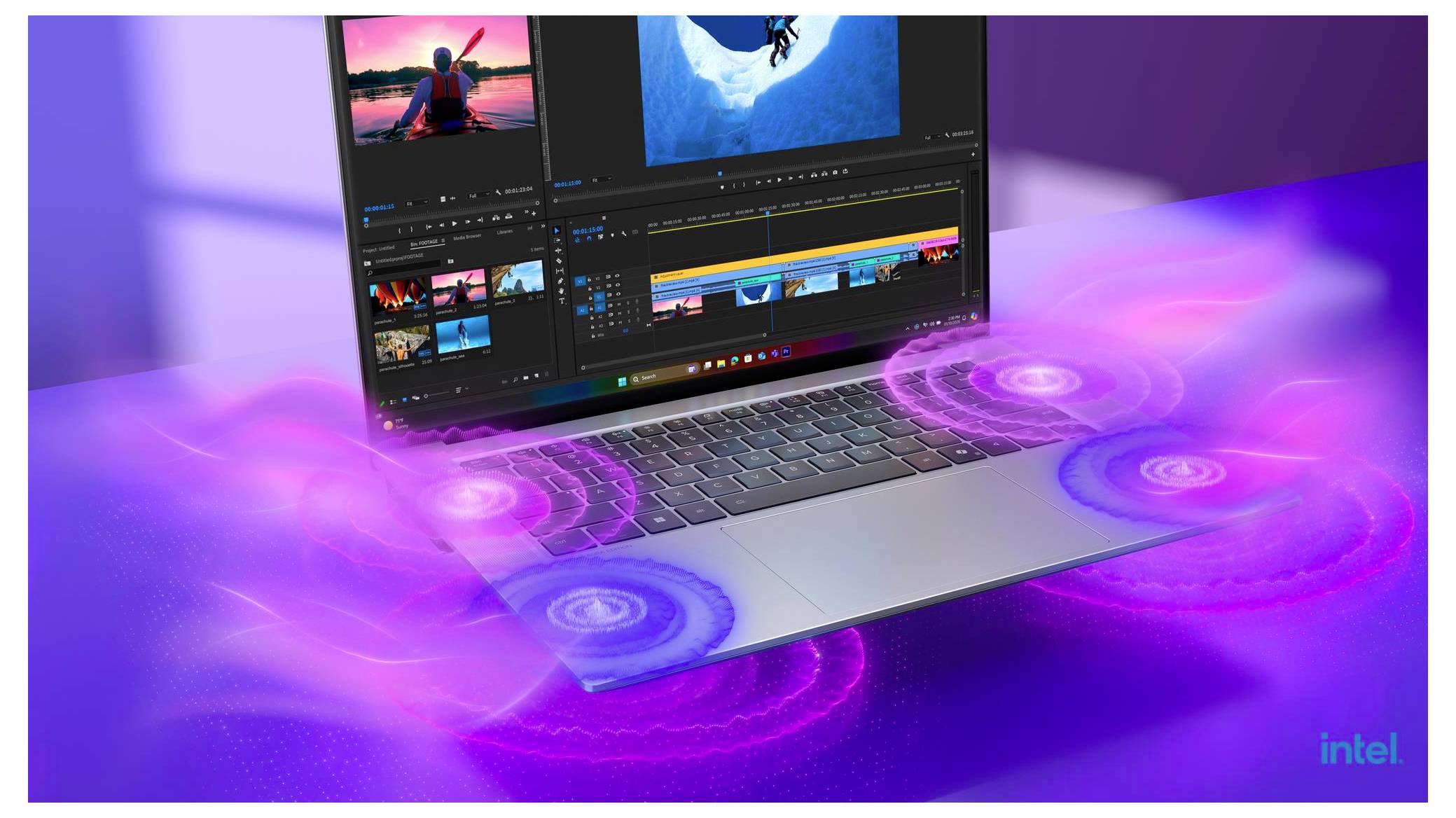 Laptop zobrazující software pro editaci videa s zářícími fialovými a modrými vlnami podobnými datům tekoucími kolem něj a logem Intel v rohu.