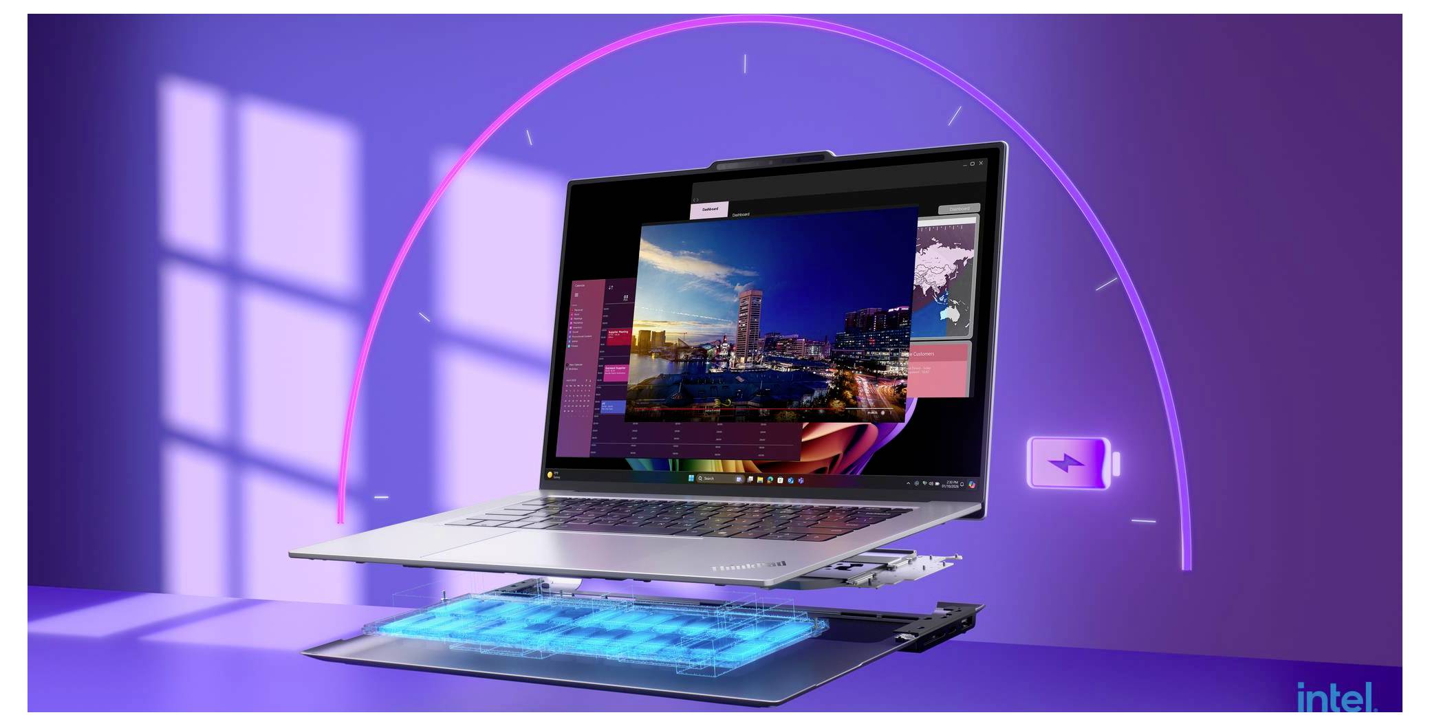 Rozložený pohled na notebook s plovoucí obrazovkou a součástkami, zobrazující městskou krajinu na displeji a značku Intel v rohu.