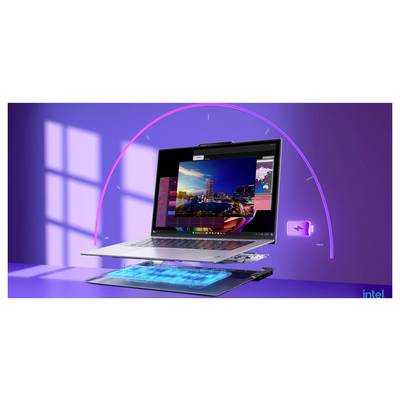 Rozložený pohled na notebook s plovoucí obrazovkou a součástkami, zobrazující městskou krajinu na displeji a značku Intel v rohu.