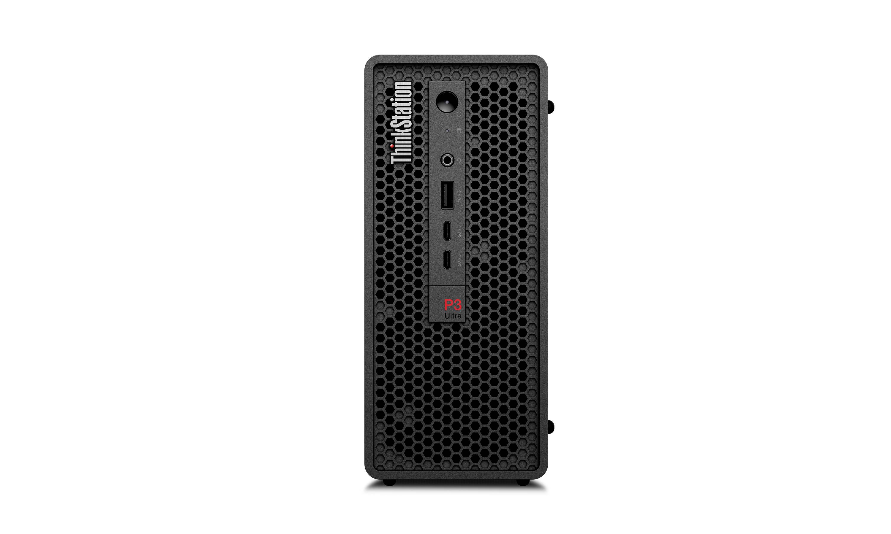 Přední pohled na věžovou pracovní stanici Lenovo ThinkStation P3 s černým děrovaným předním panelem a předními porty napájení a USB.