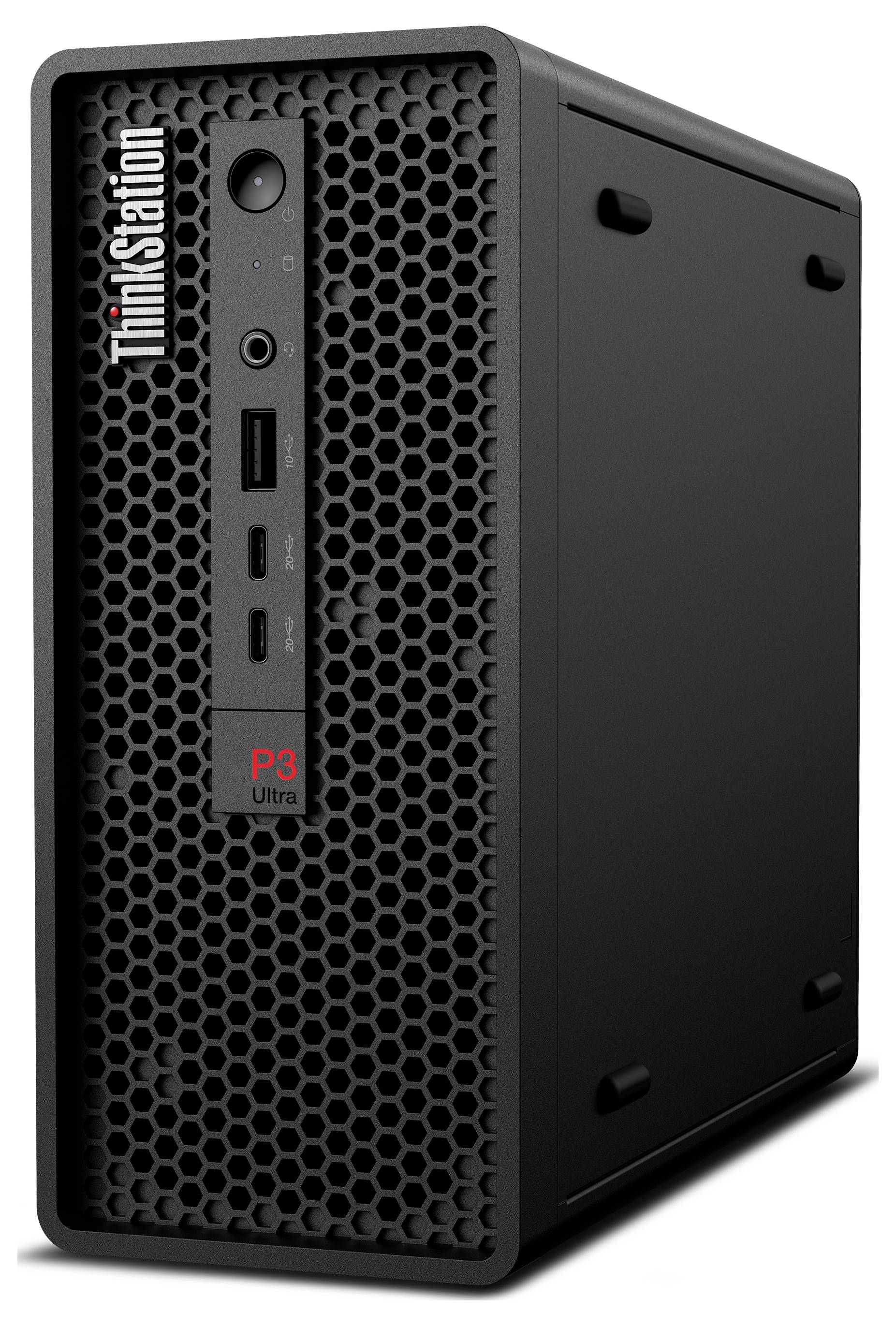 Černá ThinkStation P3 Ultra kompaktní stolní počítač s voštinovou přední mřížkou a předními porty zobrazené na bílém pozadí