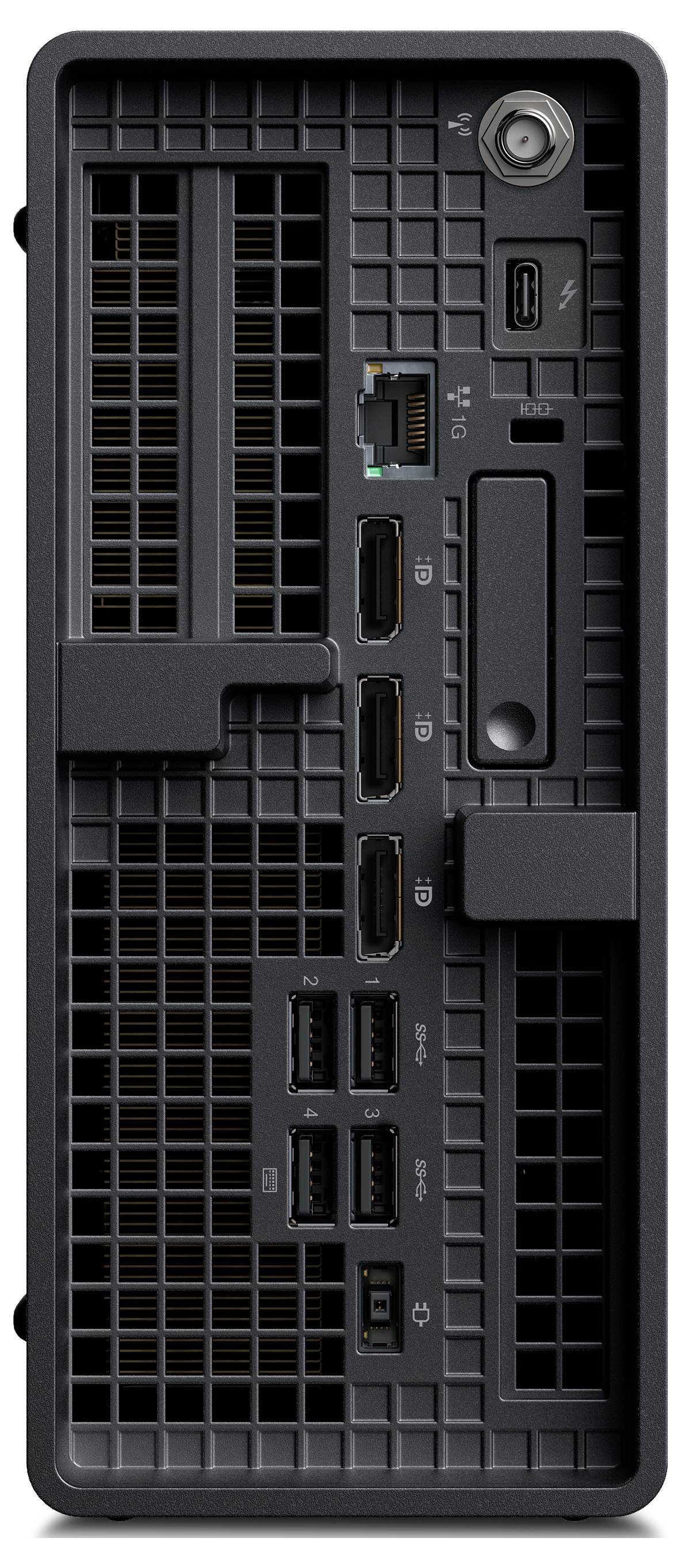 Zadní pohled na skříň desktopového počítače zobrazující větrací mřížky a více portů, včetně Ethernetu, HDMI, USB, audio a napájení.