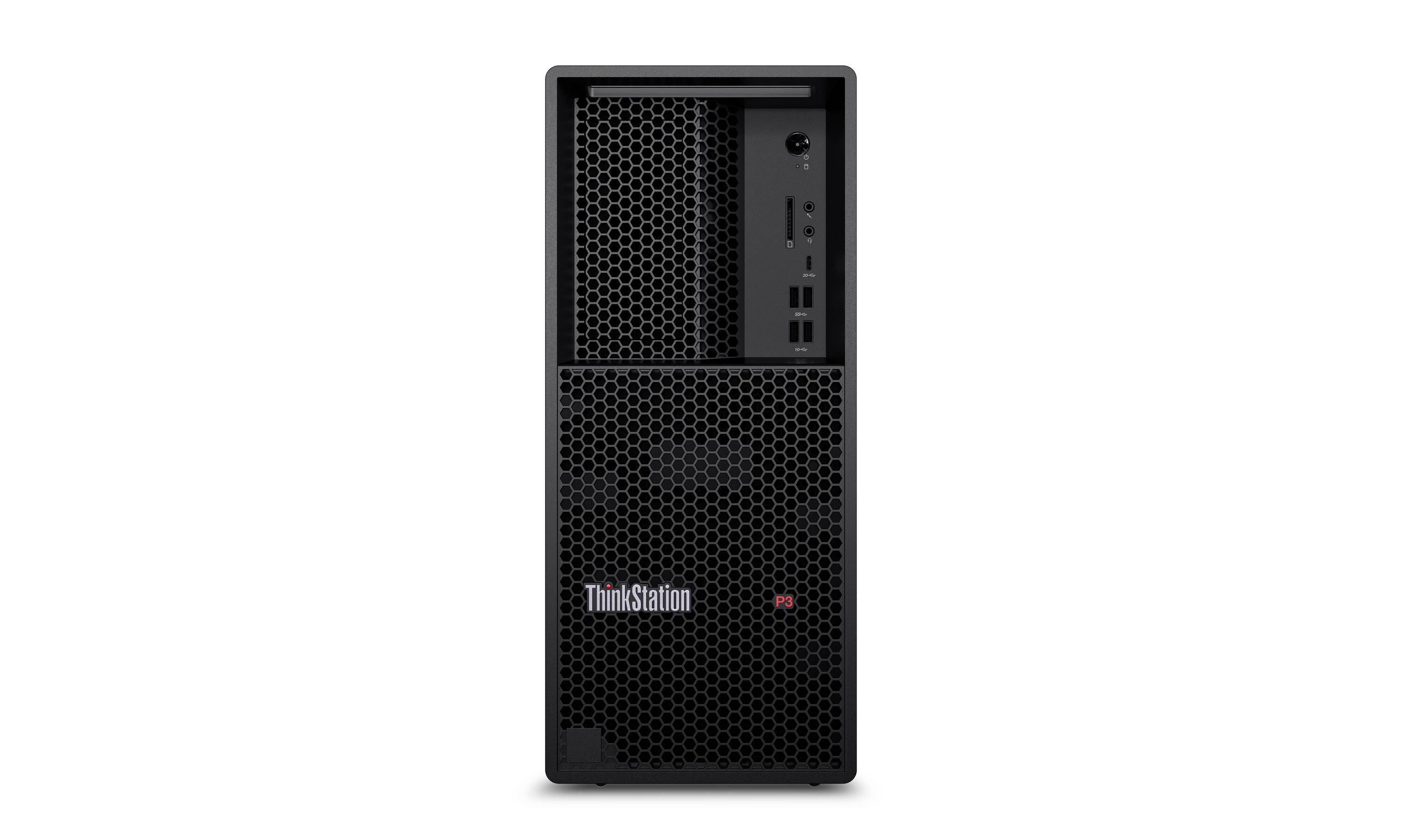 Přední pohled na počítačovou věž Lenovo ThinkStation s černým děrovaným předním panelem a předními porty/tlačítky.