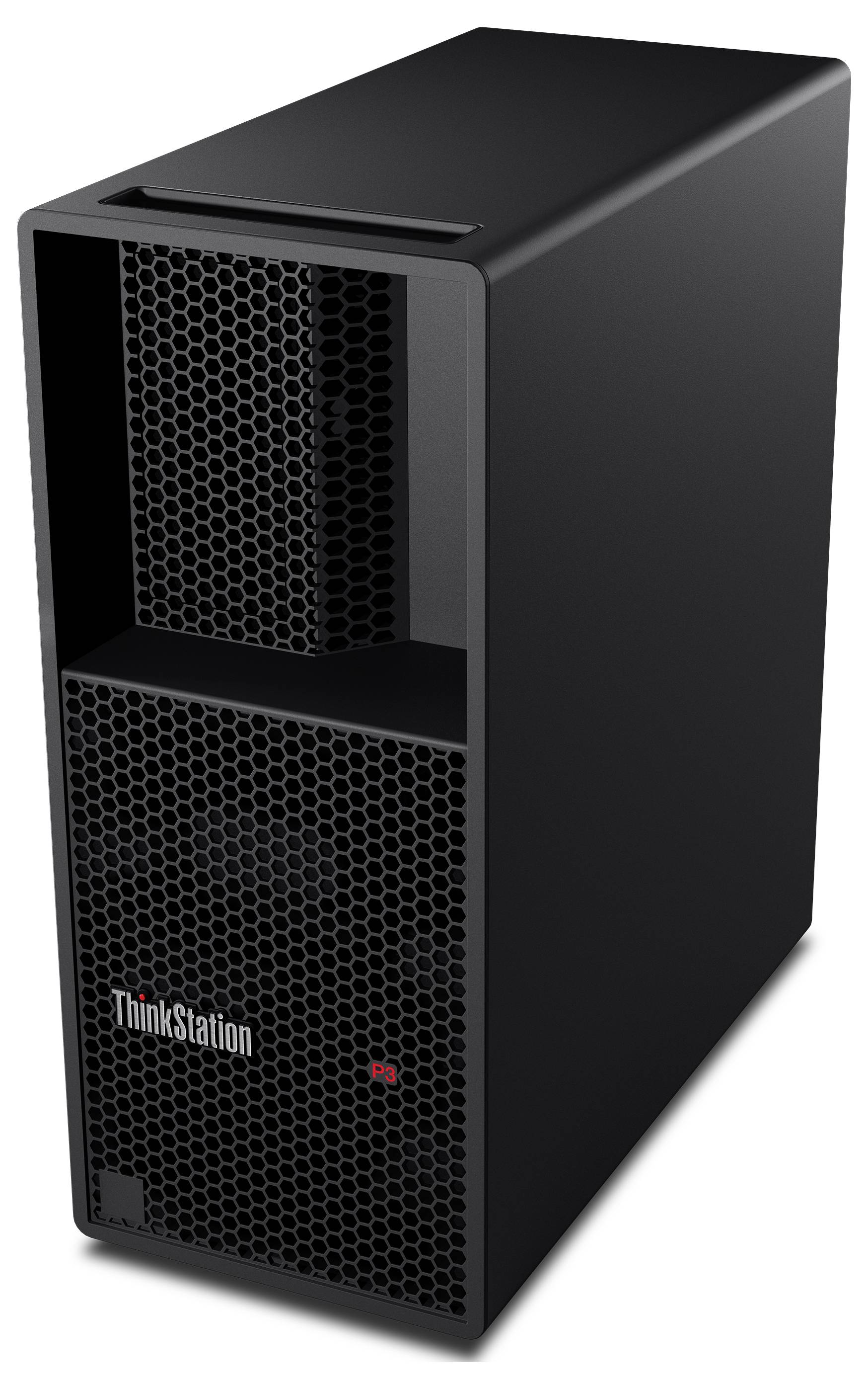 Černá stolní pracovní stanice Lenovo ThinkStation v provedení věžové skříně s honeycombovými otvory na přední straně a logem 'ThinkStation'