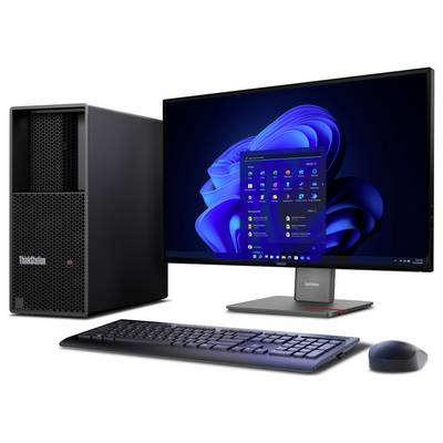 Lenovo ThinkStation stolní pracovní stanice s monitorem zobrazujícím Windows 11, klávesnicí a myší na bílém pozadí.