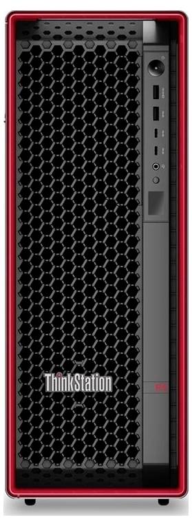 Přední pohled na Lenovo ThinkStation stolní věž s černou šestiúhelníkovou mřížkou, červeným lemováním a předními porty na pravé straně.