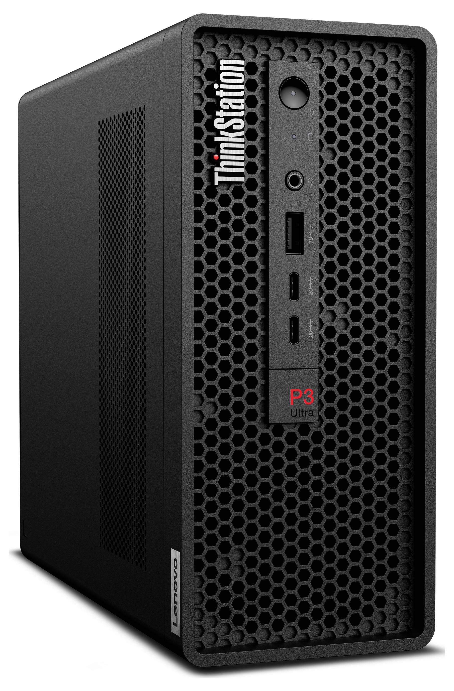 Lenovo ThinkStation P3 Ultra kompaktní stolní pracovní stanice, pohled zepředu s šestiúhelníkovým mřížkou, tlačítkem napájení, porty USB a značkou ThinkStation.