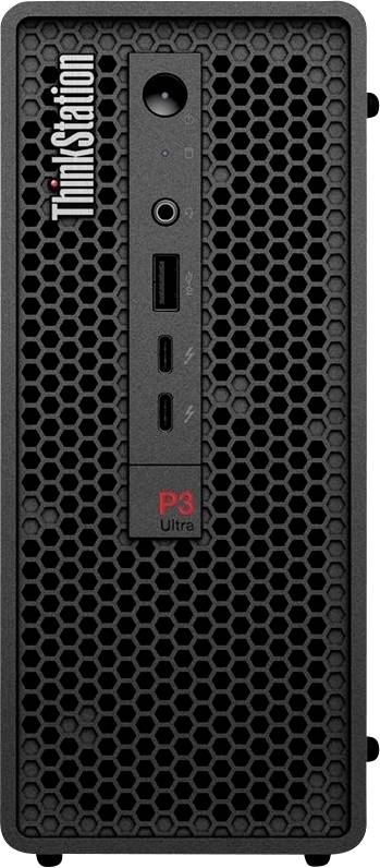 Přední pohled na desktopovou věž Lenovo ThinkStation P3 Ultra s honeycombovým předním mřížkou, tlačítkem napájení, audio jackem, USB porty a logem ThinkStation.