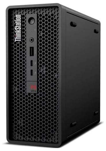 Černá kompaktní desktopová věž Lenovo ThinkStation P3 Ultra s předním mřížkovým designem a viditelnými předními porty.