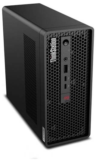 Černý počítač Lenovo ThinkStation P3 typu věž zobrazený z pohledu vpředu-vlevo s děrovanou přední mřížkou a porty.