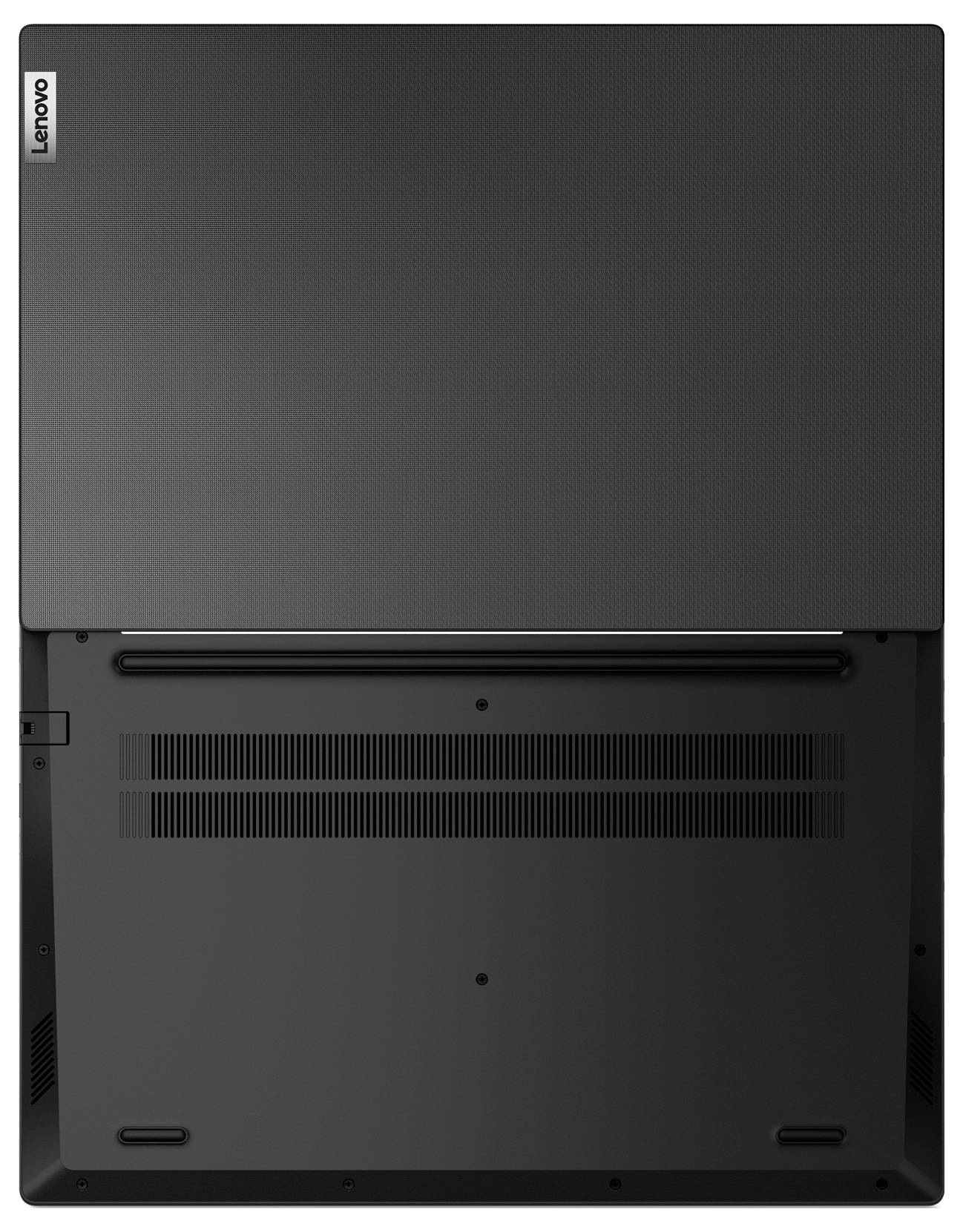 Pohled z spodní strany notebooku Lenovo zobrazující větrací mřížky, šrouby a gumové nožičky na spodní straně.
