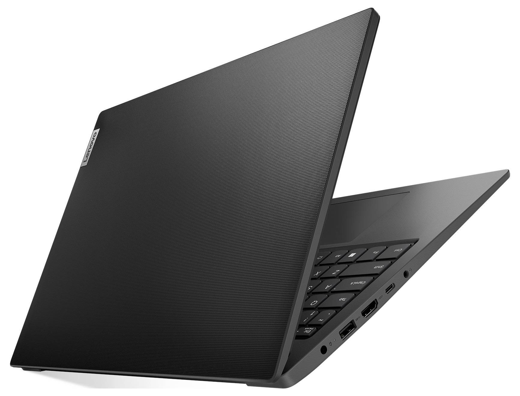 Otevřený černý notebook částečně zavřený, zobrazující klávesnici a boční porty na bílém pozadí.