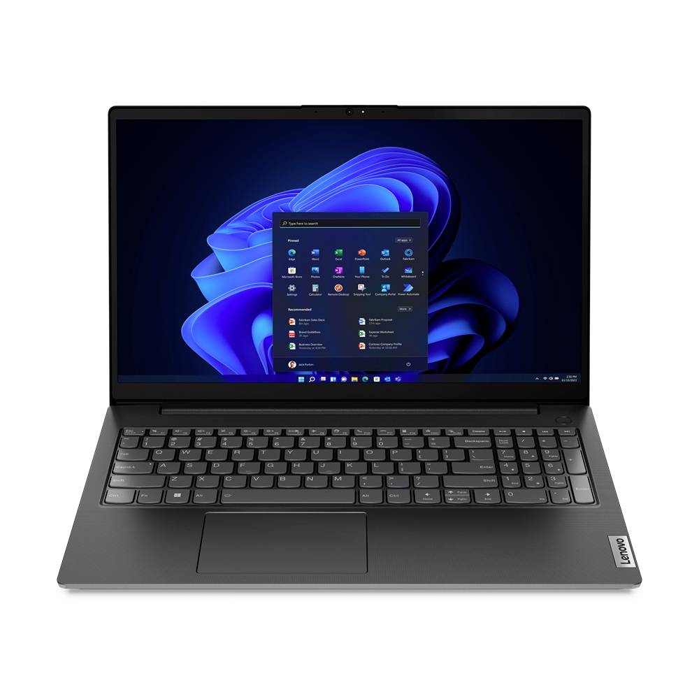 Černý notebook Lenovo otevřený s desktopem Windows 11 a nabídkou Start zobrazenou na obrazovce.