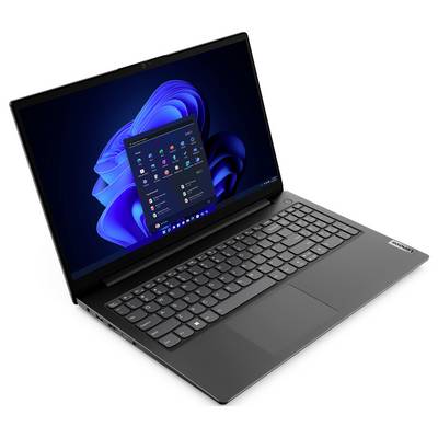 Černý notebook Lenovo otevřený v úhlu, zobrazující plochu Windows 11 na obrazovce a plnou klávesnici s touchpadem.