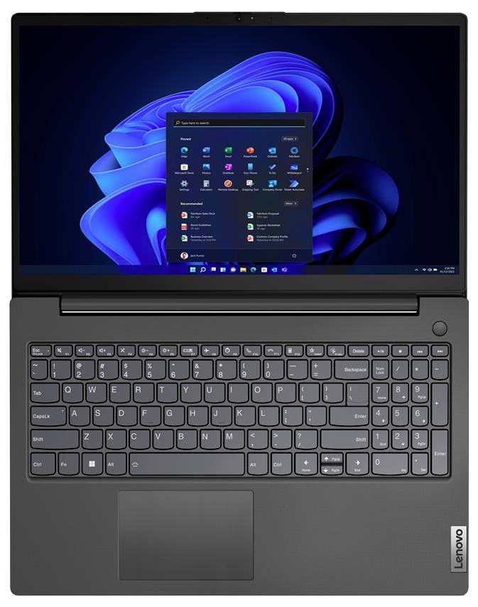 Lenovo notebook zobrazený otevřený se startovací nabídkou Windows 11 na obrazovce a plnou viditelnou klávesnicí a trackpadem.