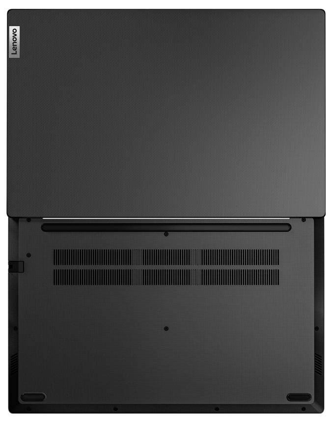 Pohled zezadu na laptopový počítač Lenovo zobrazující zavřený spodní panel, větrací otvory, otvory pro šroubky a gumové nožičky.