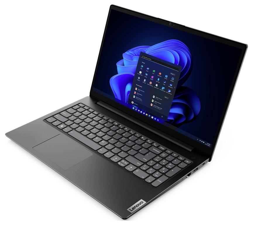 Černý notebook Lenovo otevřený v úhlu, na obrazovce zobrazuje plochu Windows 11 a nabídku Start.