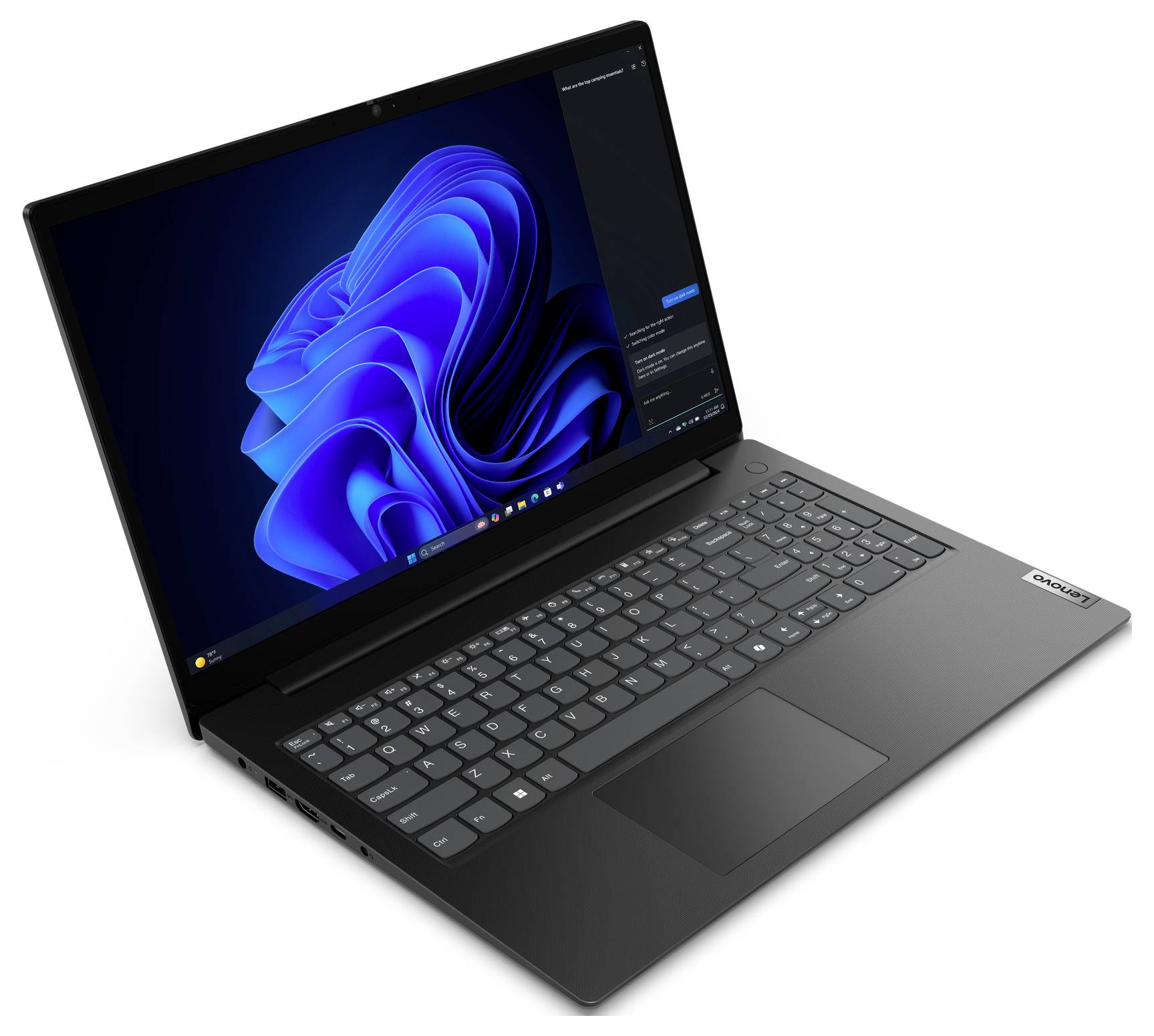 Černý laptop Lenovo otevřený v úhlu, který zobrazuje plochu Windows s modrou abstraktní tapetou a viditelnou klávesnicí.