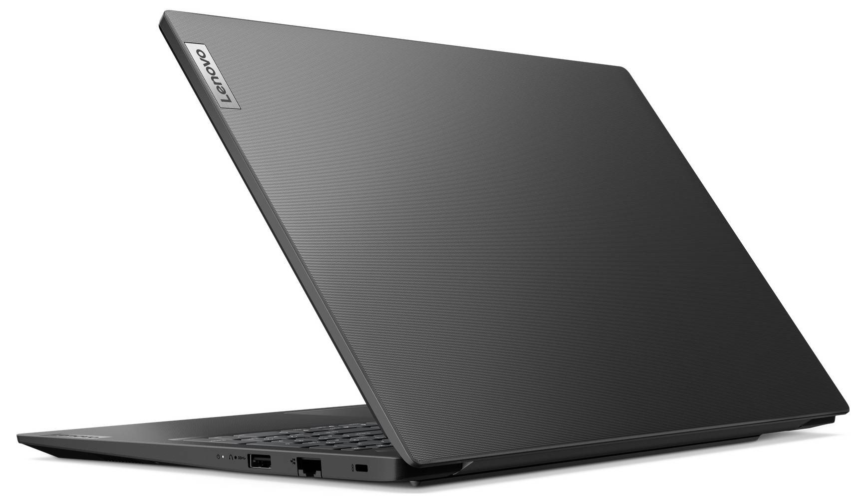Černý laptop Lenovo částečně otevřený na bílém pozadí, pohled ze strany.