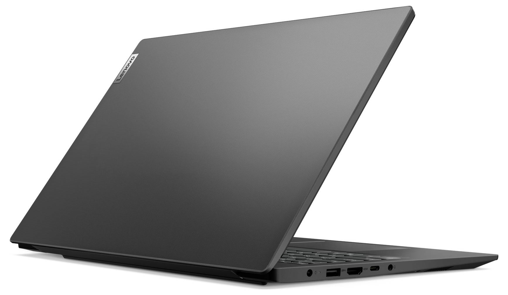 Uzavřený tmavě šedý laptop zobrazený z boku s částečně otevřeným krytem, který odhaluje porty podél hrany.
