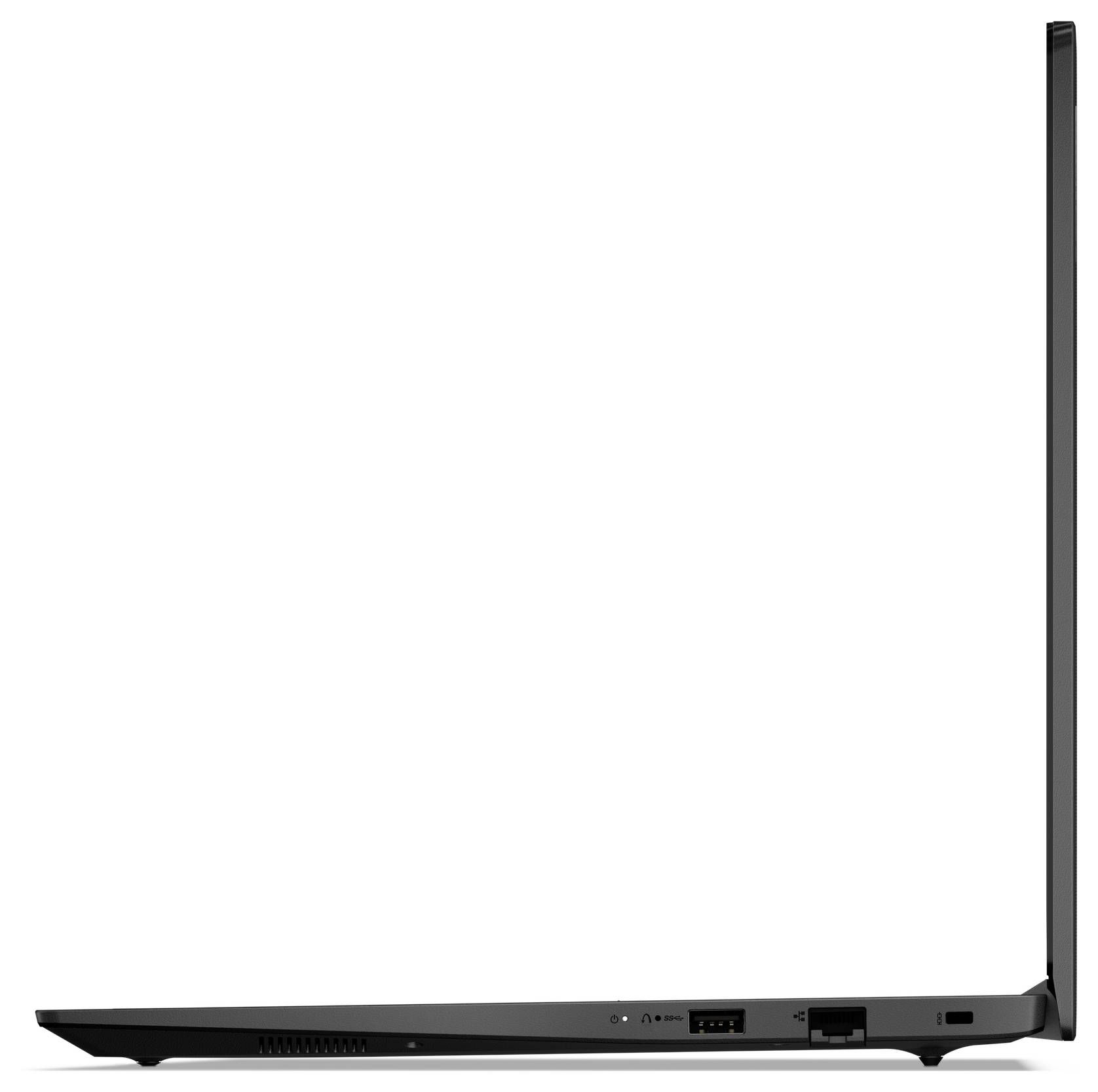 Pohled zezadu na uzavřený černý notebook zobrazující tenký profil s porty podél okraje a obrazovkou stojící vzpřímeně.